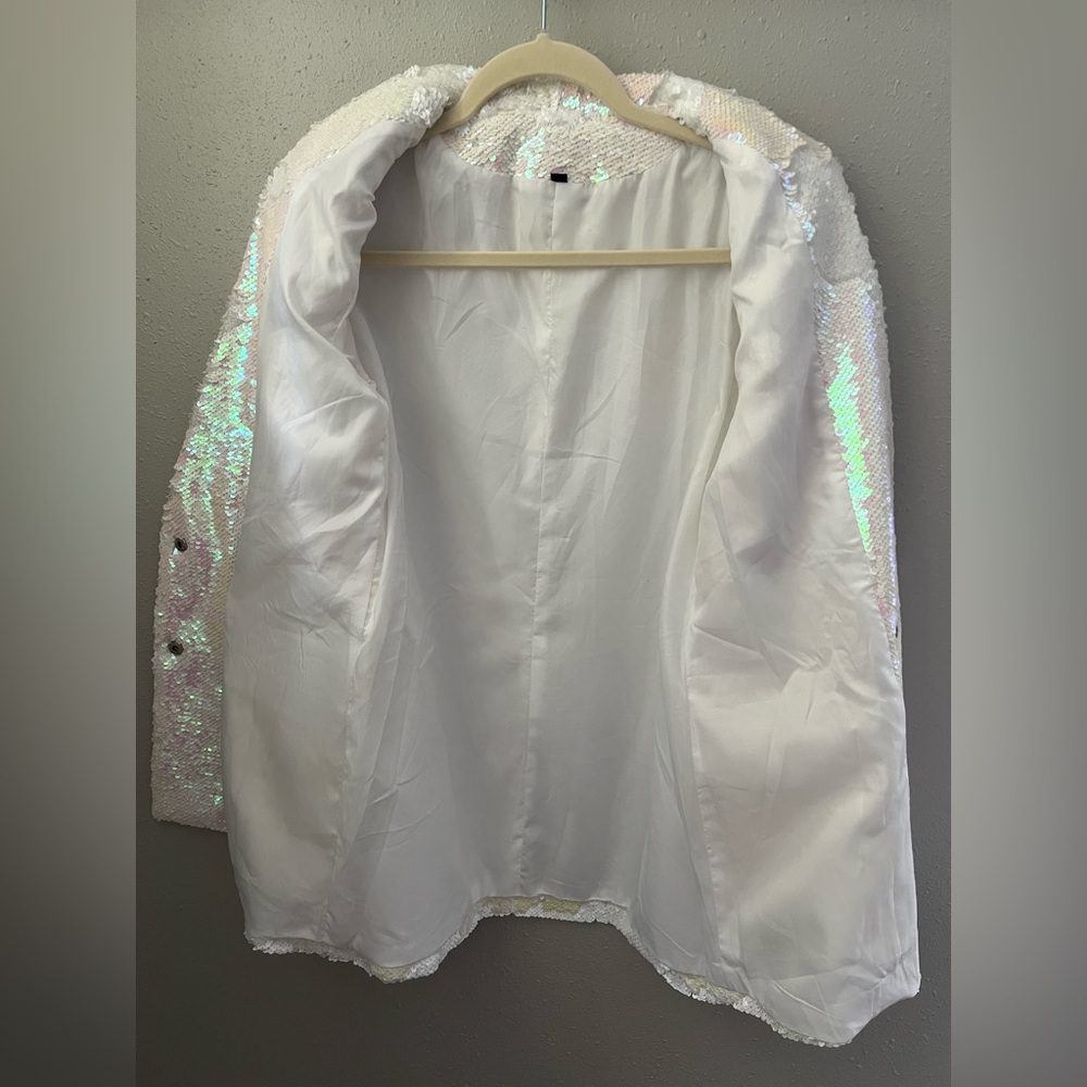 White Sequin Pearl Blazer With Silver Lion Head Buttons Size Small - Picture 10 of 11